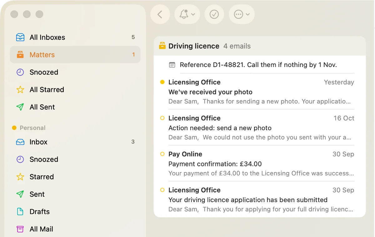 An open matter on the Mac, Driving licence: its note (Reference D1-48821. Call them if nothing by 1 Nov.) above its four emails, from the application being submitted to the photo being received.