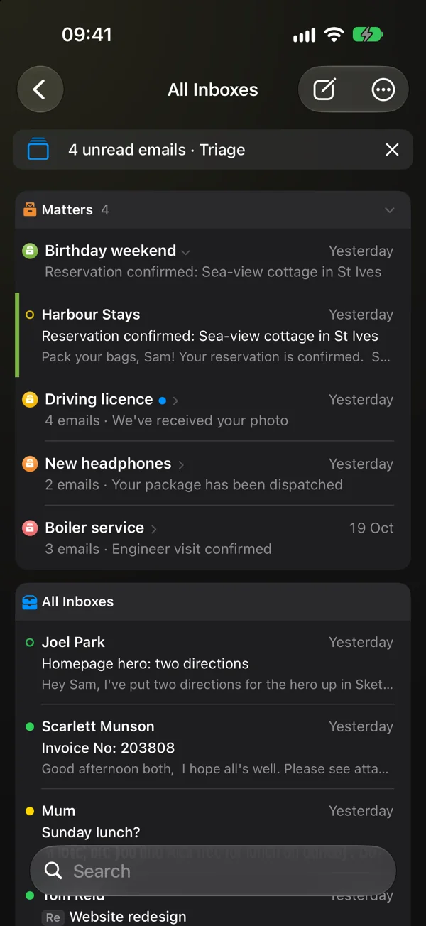 Matter Mail on iPhone: All Inboxes, with a button to triage four unread emails and the Matters card at the top.