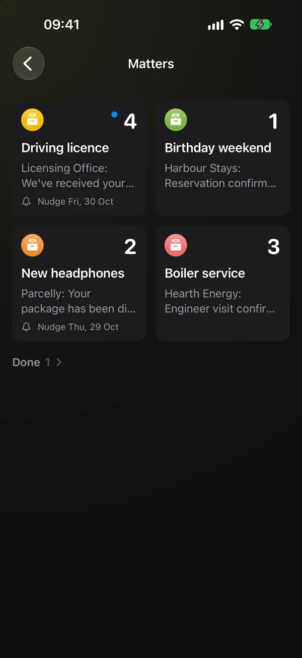 Matters on iPhone: four tiles (Driving licence, Birthday weekend, New headphones, Boiler service), each with its latest email, two with a nudge date, and one matter under Done.
