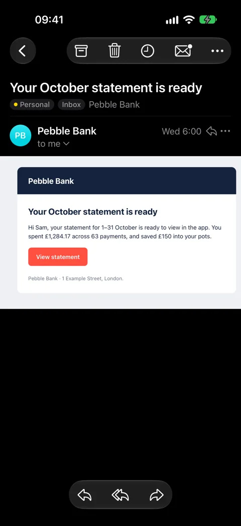 Matter Mail on iPhone: the Pebble Bank October statement email.