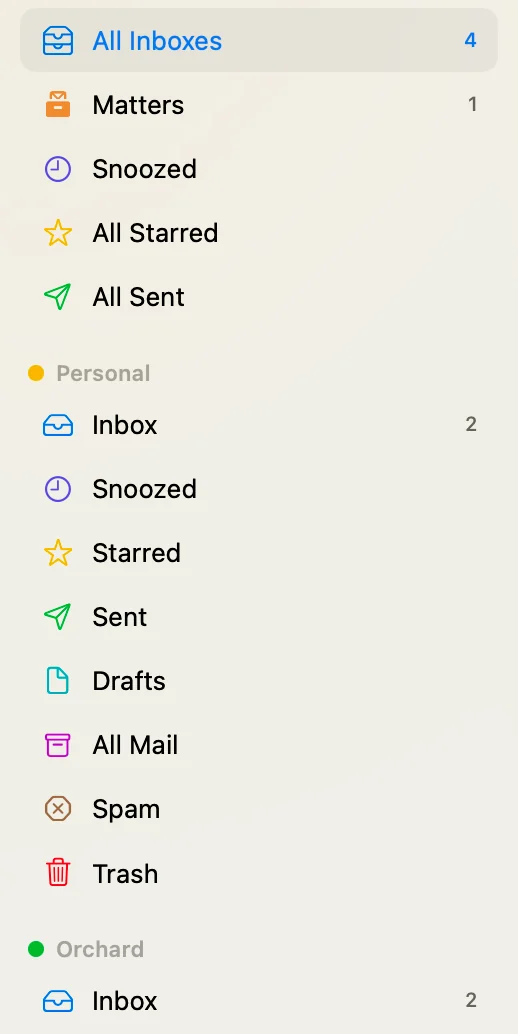 The Mac sidebar: All Inboxes, Matters, Snoozed, All Starred and All Sent, then each account (Personal, Orchard) with its own Inbox, Snoozed, Starred, Sent, Drafts, All Mail, Spam and Trash.