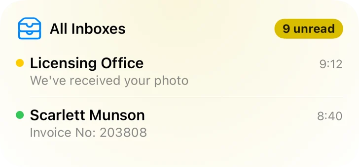 The Latest Unread widget: All Inboxes, 9 unread, with the two newest unread emails.